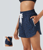 High Waisted Drawstring Curved Hem Leopard Print 2-in-1 Workout Shorts with Pockets — Midnight Leopard — view 1