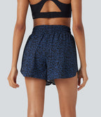 High Waisted Drawstring Curved Hem Leopard Print 2-in-1 Workout Shorts with Pockets — Midnight Leopard — view 2