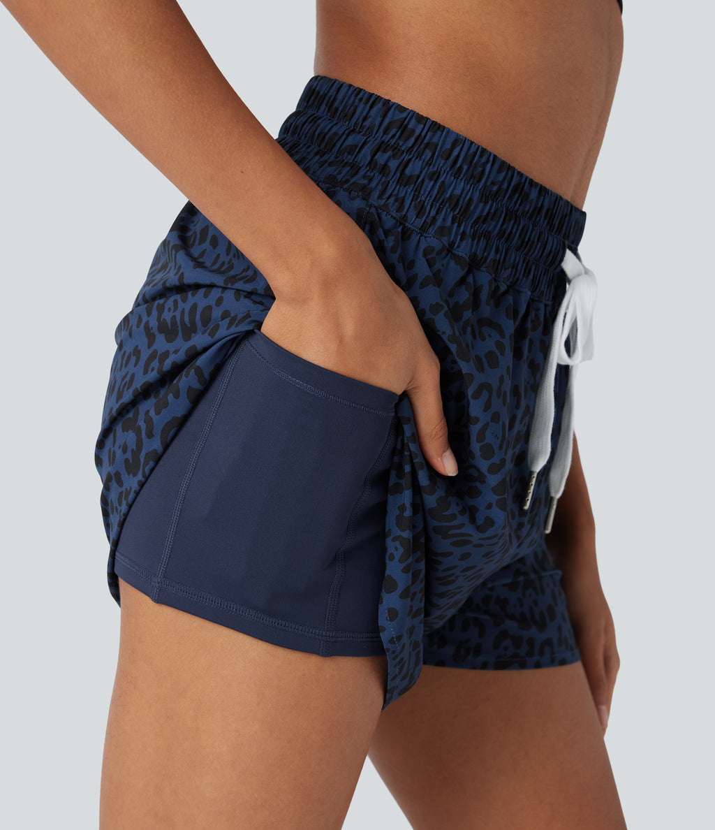 High Waisted Drawstring Curved Hem Leopard Print 2-in-1 Workout Shorts with Pockets — Midnight Leopard — view 4