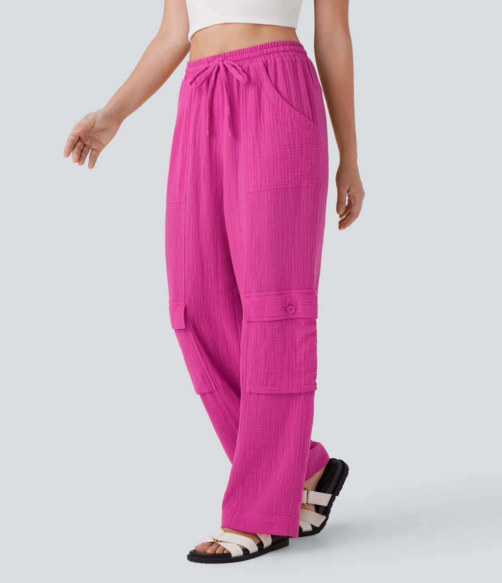 High Waisted Drawstring Wide Leg Cargo Casual Cotton Trousers with Pockets — Fuchsia Fedora — view 1