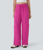 High Waisted Drawstring Wide Leg Cargo Casual Cotton Trousers with Pockets — Fuchsia Fedora — view 3