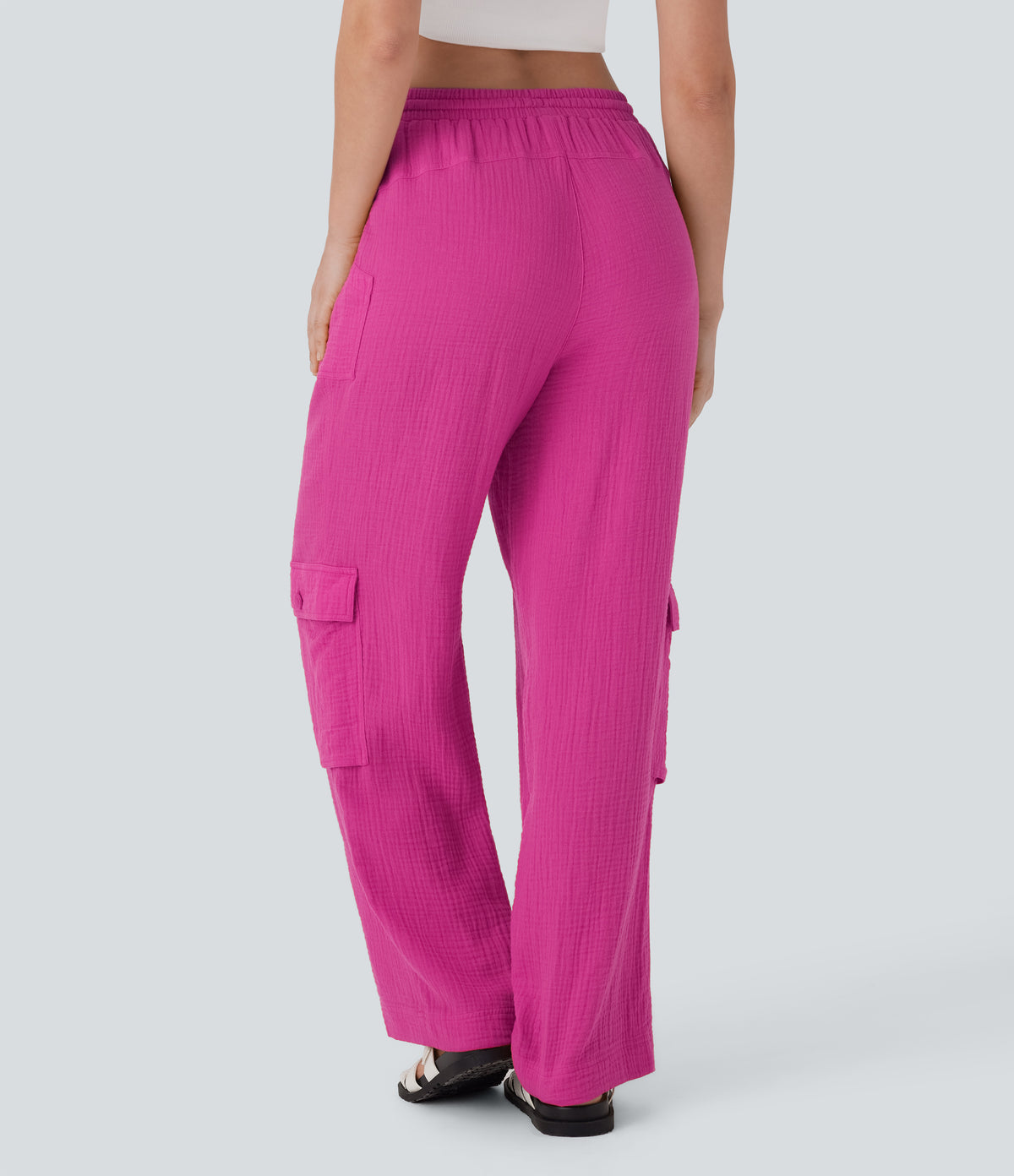 High Waisted Drawstring Wide Leg Cargo Casual Cotton Trousers with Pockets — Fuchsia Fedora — view 2