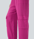 High Waisted Drawstring Wide Leg Cargo Casual Cotton Trousers with Pockets — Fuchsia Fedora — view 5