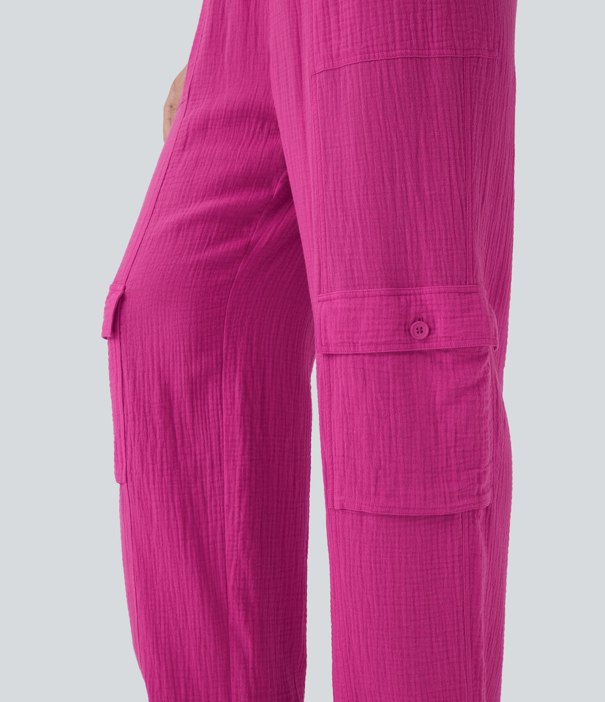 High Waisted Drawstring Wide Leg Cargo Casual Cotton Trousers with Pockets — Fuchsia Fedora — view 5