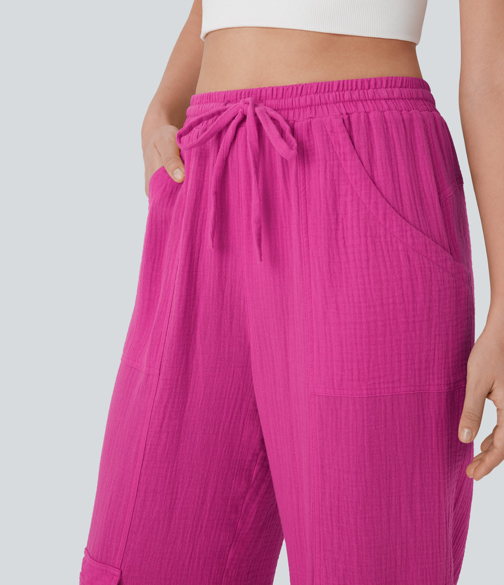 High Waisted Drawstring Wide Leg Cargo Casual Cotton Trousers with Pockets — Fuchsia Fedora — view 4