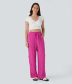High Waisted Drawstring Wide Leg Cargo Casual Cotton Trousers with Pockets — Fuchsia Fedora — view 6