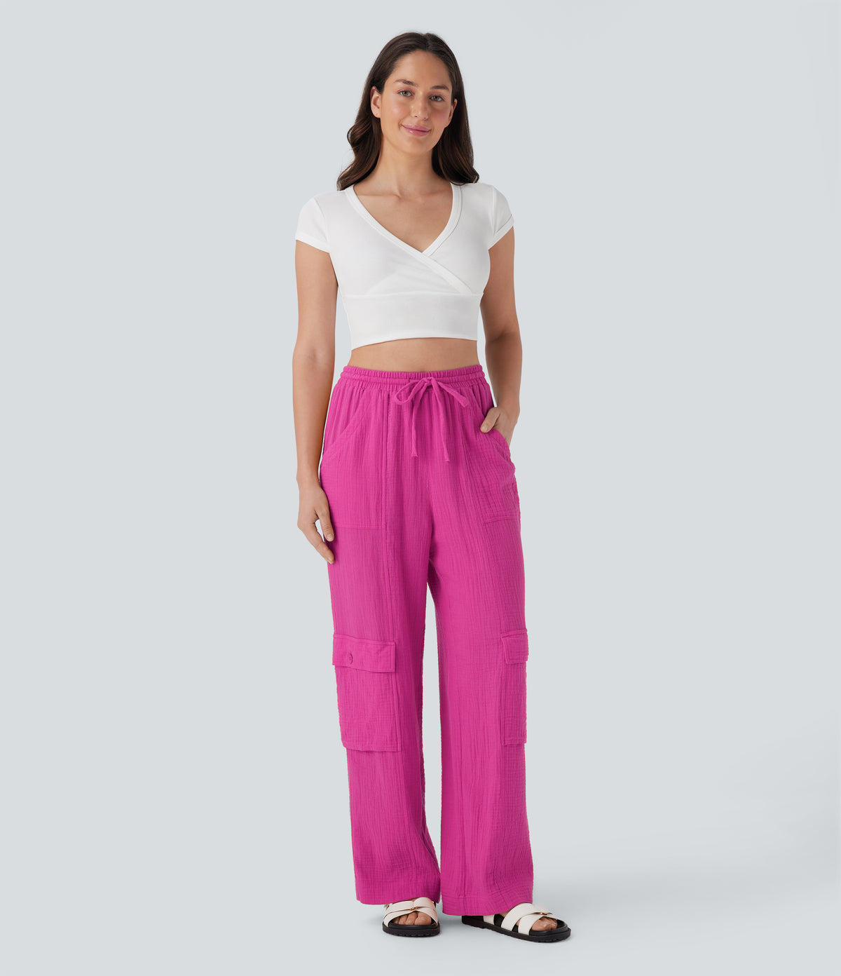 High Waisted Drawstring Wide Leg Cargo Casual Cotton Trousers with Pockets — Fuchsia Fedora — view 6