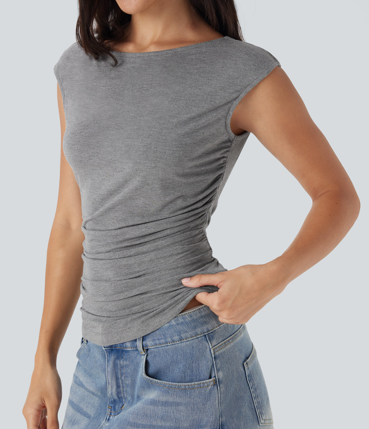 Boat Neck Cap Sleeve Ruched Casual Top — Dark Mottled Grey — view 4