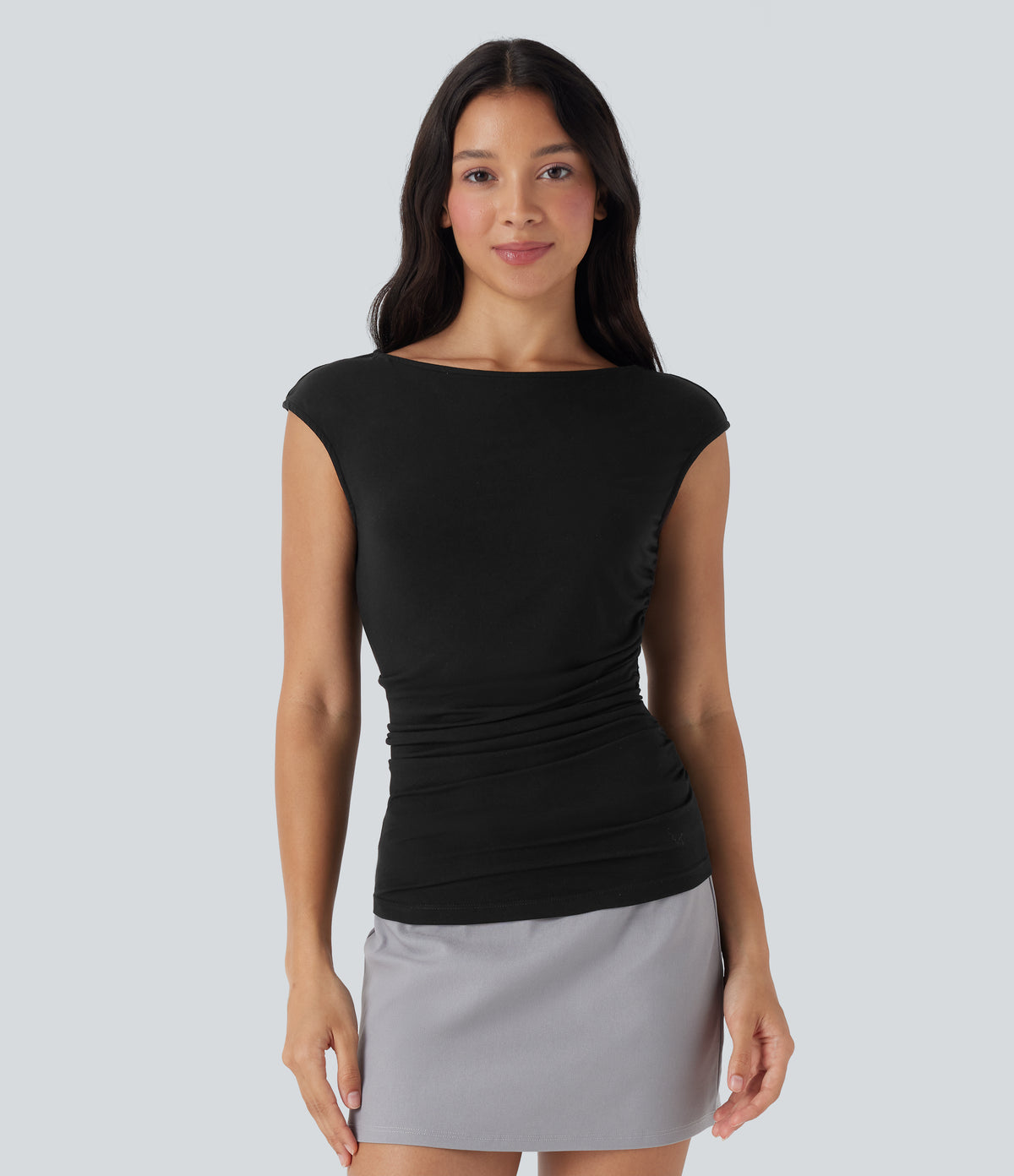 Boat Neck Cap Sleeve Ruched Casual Top — Black — view 6