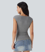 Boat Neck Cap Sleeve Ruched Casual Top — Dark Mottled Grey — view 2