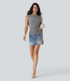 Boat Neck Cap Sleeve Ruched Casual Top — Dark Mottled Grey — view 5