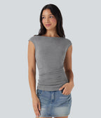 Boat Neck Cap Sleeve Ruched Casual Top — Dark Mottled Grey — view 1