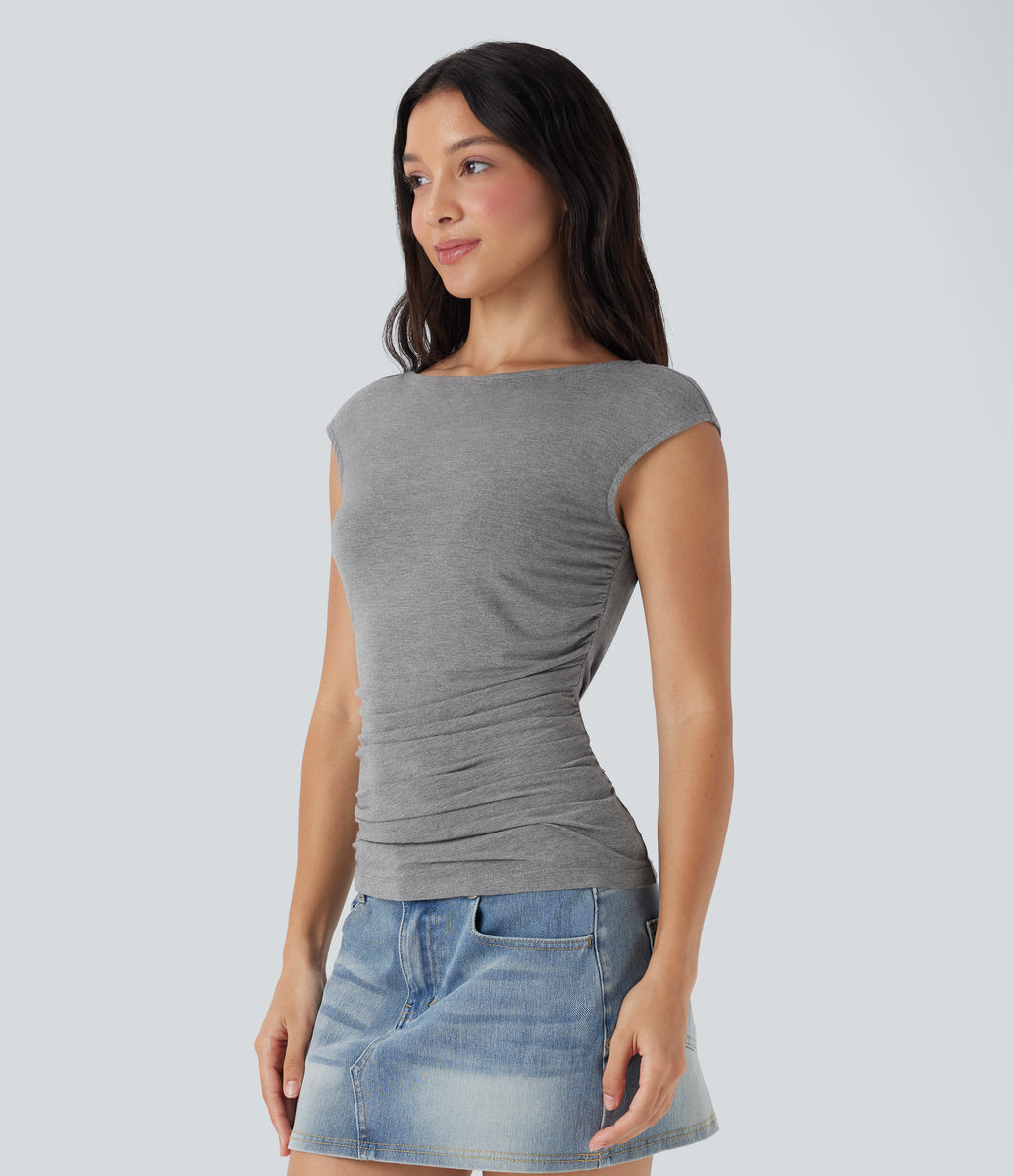 Boat Neck Cap Sleeve Ruched Casual Top — Dark Mottled Grey — view 3