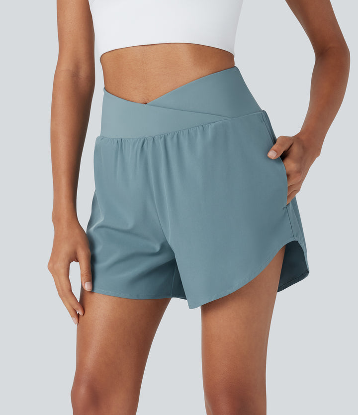 High Waisted Crossover 2-in-1 Quick Dry Yoga Shorts with Multiple Pockets — Stone Blue — view 1