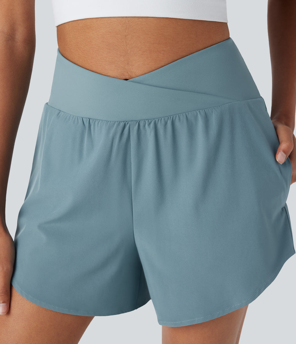 High Waisted Crossover 2-in-1 Quick Dry Yoga Shorts with Multiple Pockets — Stone Blue — view 5