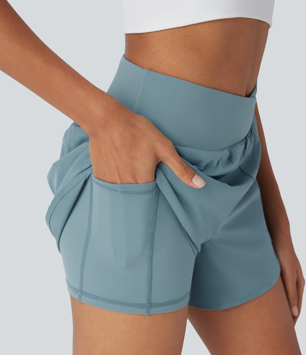 High Waisted Crossover 2-in-1 Quick Dry Yoga Shorts with Multiple Pockets — Stone Blue — view 4