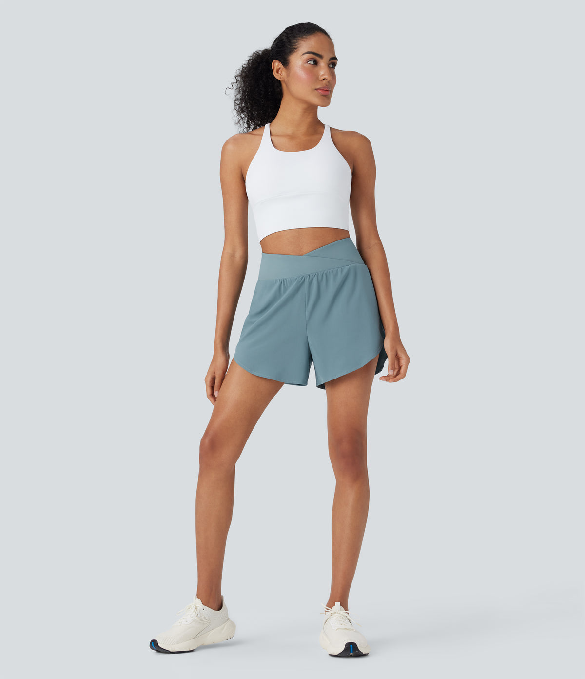 High Waisted Crossover 2-in-1 Quick Dry Yoga Shorts with Multiple Pockets — Stone Blue — view 6