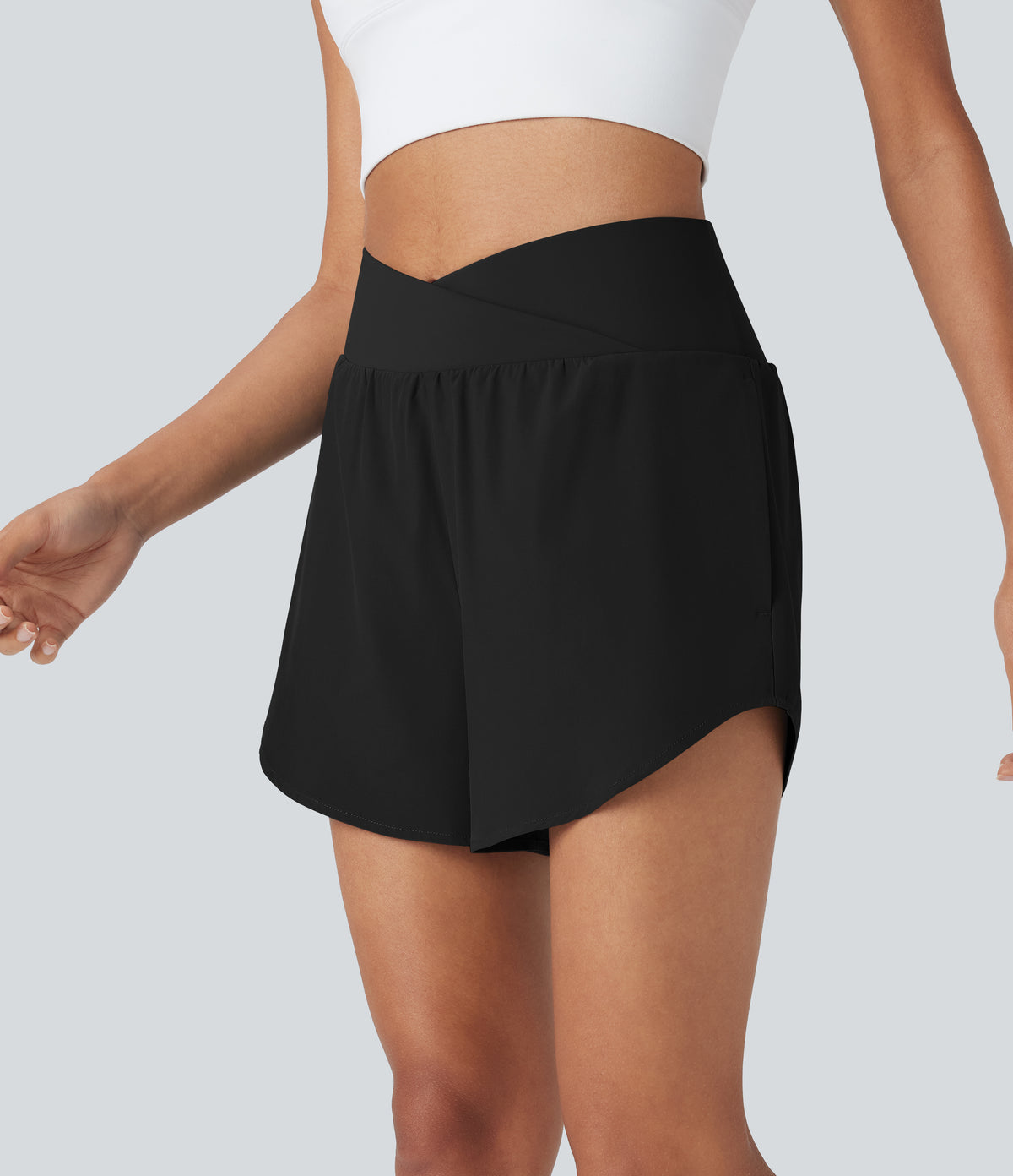 High Waisted Crossover 2-in-1 Quick Dry Yoga Shorts with Multiple Pockets — Black — view 8
