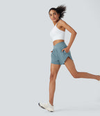 High Waisted Crossover 2-in-1 Quick Dry Yoga Shorts with Multiple Pockets — Stone Blue — view 7