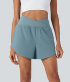 High Waisted Crossover 2-in-1 Quick Dry Yoga Shorts with Multiple Pockets — Stone Blue — view 3