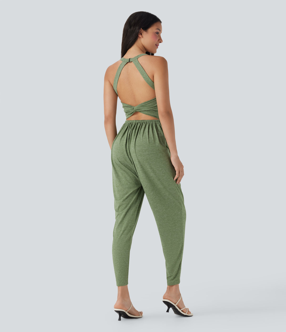 Built-in Bra Harem Casual Jumpsuit with Pockets-Edition — Light Green Floral Yarn — view 2