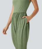 Built-in Bra Harem Casual Jumpsuit with Pockets-Edition — Light Green Floral Yarn — view 6