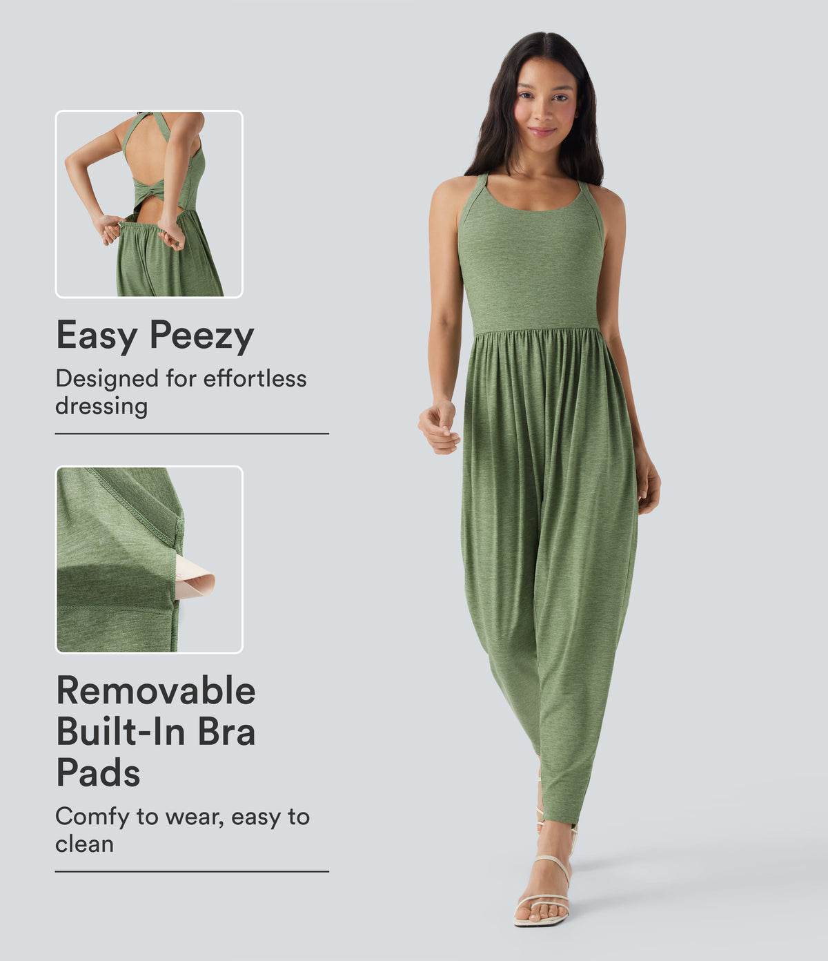 Built-in Bra Harem Casual Jumpsuit with Pockets-Edition — Light Green Floral Yarn — view 1