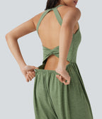 Built-in Bra Harem Casual Jumpsuit with Pockets-Edition — Light Green Floral Yarn — view 4