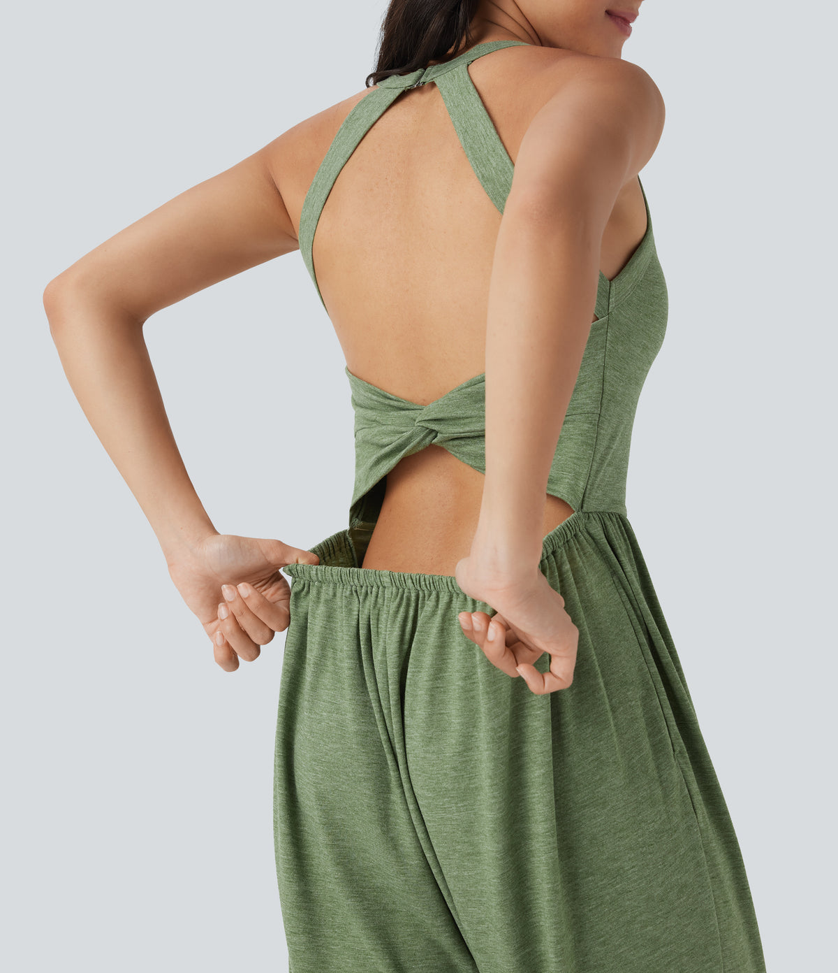 Built-in Bra Harem Casual Jumpsuit with Pockets-Edition — Light Green Floral Yarn — view 4