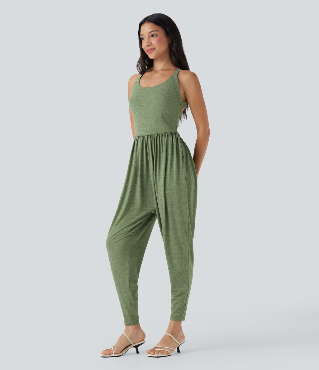 Built-in Bra Harem Casual Jumpsuit with Pockets-Edition — Light Green Floral Yarn — view 3