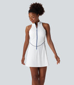 QuickDry Sleeveless Half Zip Mini Golf Active Dress with Side Pockets-Golf Tee — White — view 1