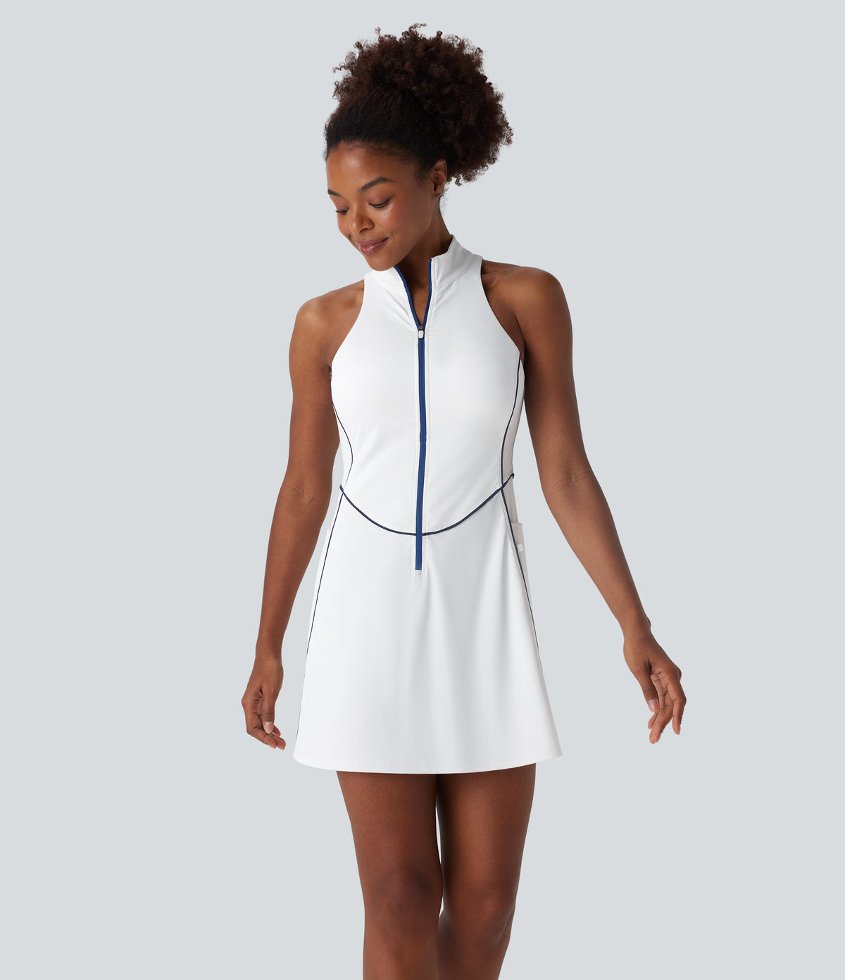 QuickDry Sleeveless Half Zip Mini Golf Active Dress with Side Pockets-Golf Tee — White — view 1
