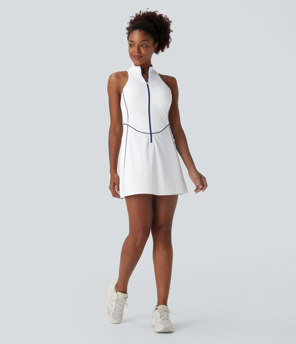 QuickDry Sleeveless Half Zip Mini Golf Active Dress with Side Pockets-Golf Tee — White — view 7