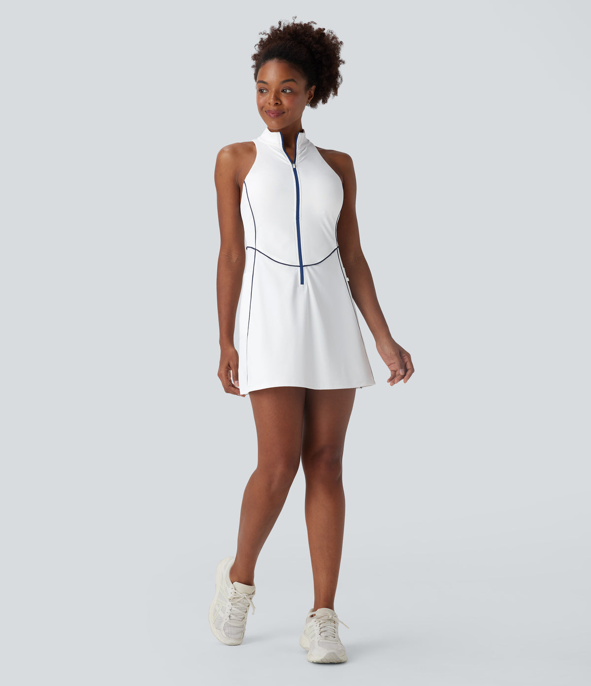 QuickDry Sleeveless Half Zip Mini Golf Active Dress with Side Pockets-Golf Tee — White — view 7