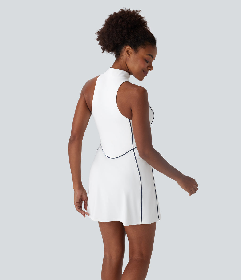 QuickDry Sleeveless Half Zip Mini Golf Active Dress with Side Pockets-Golf Tee — White — view 2
