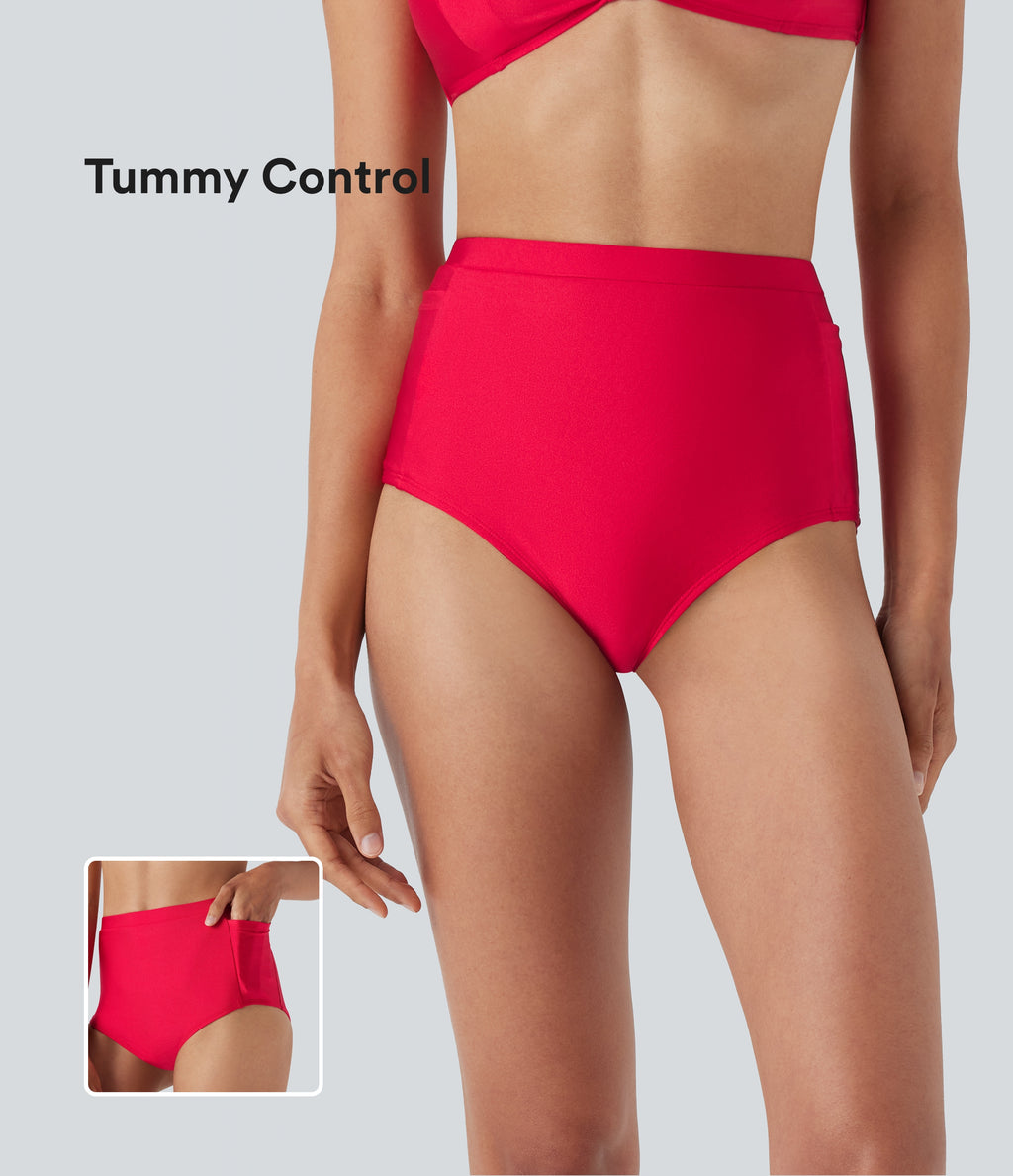 High Waisted Tummy Control Sheen Bikini Bottom Swimsuit with Pockets — Lollipop — view 1