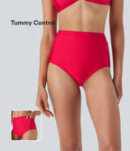 High Waisted Tummy Control Sheen Bikini Bottom Swimsuit with Pockets — Lollipop — view 1