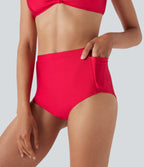 High Waisted Tummy Control Sheen Bikini Bottom Swimsuit with Pockets — Lollipop — view 5