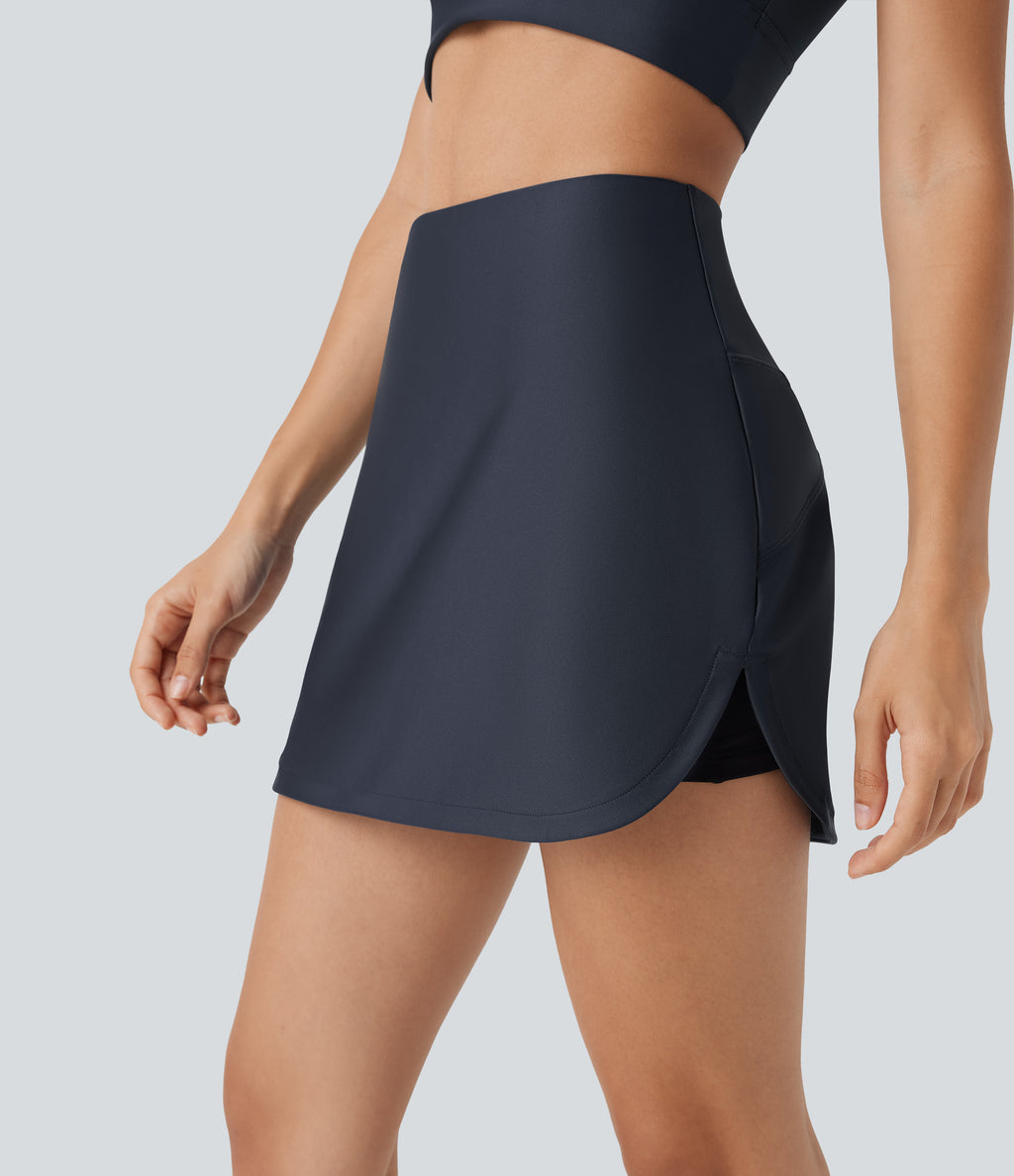 High Waisted Tummy Control Butt Lifting Curved Hem 2-in-1 Sheen Yoga Skirt with Pockets — Blue Nights — view 6