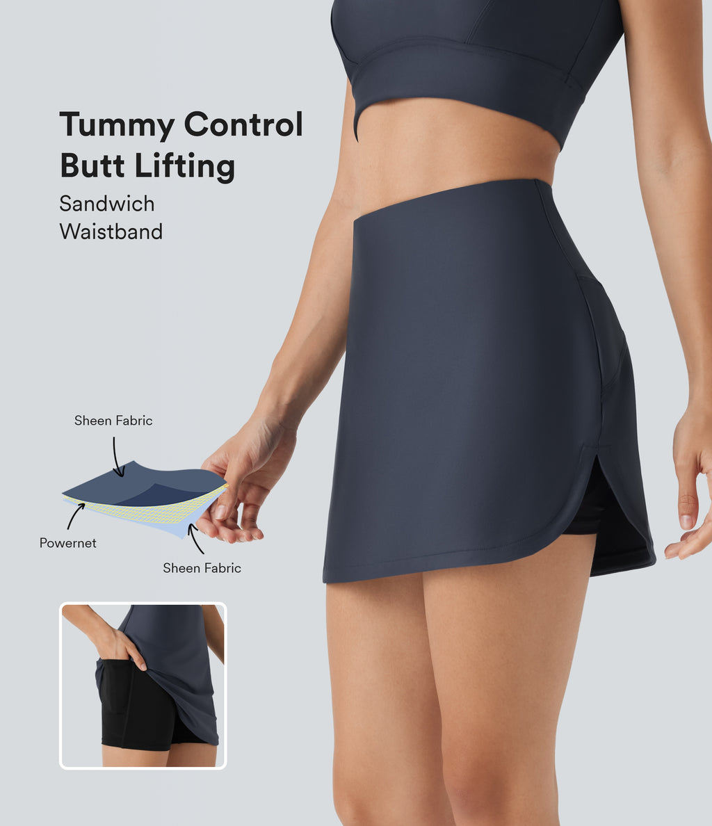 High Waisted Tummy Control Butt Lifting Curved Hem 2-in-1 Sheen Yoga Skirt with Pockets — Blue Nights — view 1