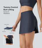 High Waisted Tummy Control Butt Lifting Curved Hem 2-in-1 Sheen Yoga Skirt with Pockets — Blue Nights — view 1