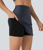 High Waisted Tummy Control Butt Lifting Curved Hem 2-in-1 Sheen Yoga Skirt with Pockets — Blue Nights — view 4