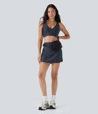 High Waisted Tummy Control Butt Lifting Curved Hem 2-in-1 Sheen Yoga Skirt with Pockets — Blue Nights — view 7