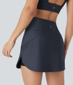High Waisted Tummy Control Butt Lifting Curved Hem 2-in-1 Sheen Yoga Skirt with Pockets — Blue Nights — view 5