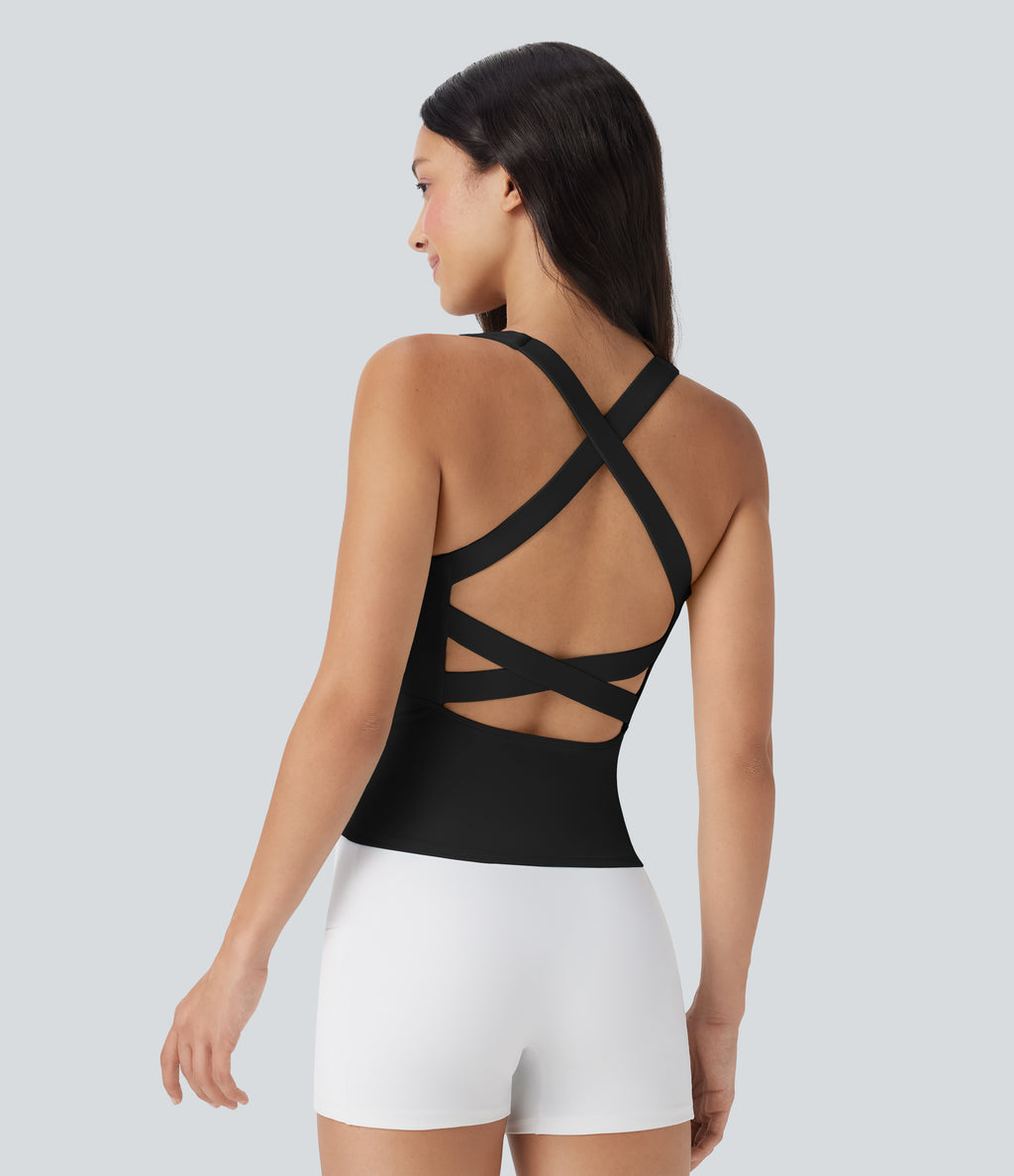 Airy Square Neck Cropped InstantCool Running Tank Top-Longer Length — Black — view 3