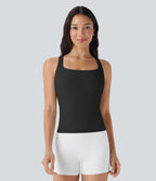 Airy Square Neck Cropped InstantCool Running Tank Top-Longer Length — Black — view 2