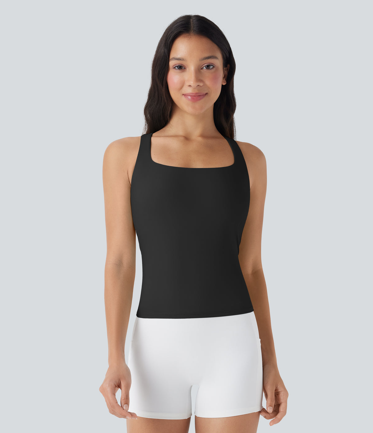 Airy Square Neck Cropped InstantCool Running Tank Top-Longer Length — Black — view 2