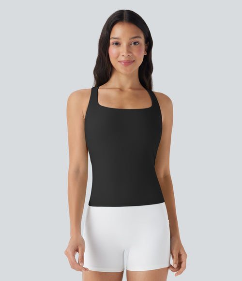 Airy Square Neck Cropped InstantCool Running Tank Top-Longer Length — Black — view 2