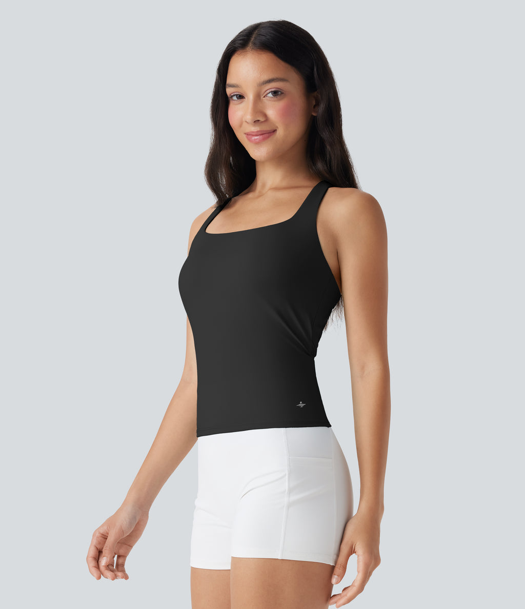 Airy Square Neck Cropped InstantCool Running Tank Top-Longer Length — Black — view 4