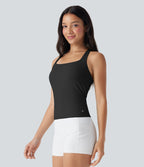 Airy Square Neck Cropped InstantCool Running Tank Top-Longer Length — Black — view 4